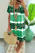 Green Sexy Casual Striped Leopard Patchwork V Neck Short Sleeve Dress Dresses