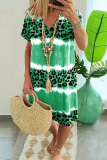Pink Sexy Casual Striped Leopard Patchwork V Neck Short Sleeve Dress Dresses