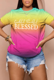Yellow Pink Women Rainbow Multicolor Gredient Letter Print Round Neck T-shirts Tees Tops