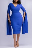 Blue Casual Solid Slit V Neck Pencil Skirt Dresses