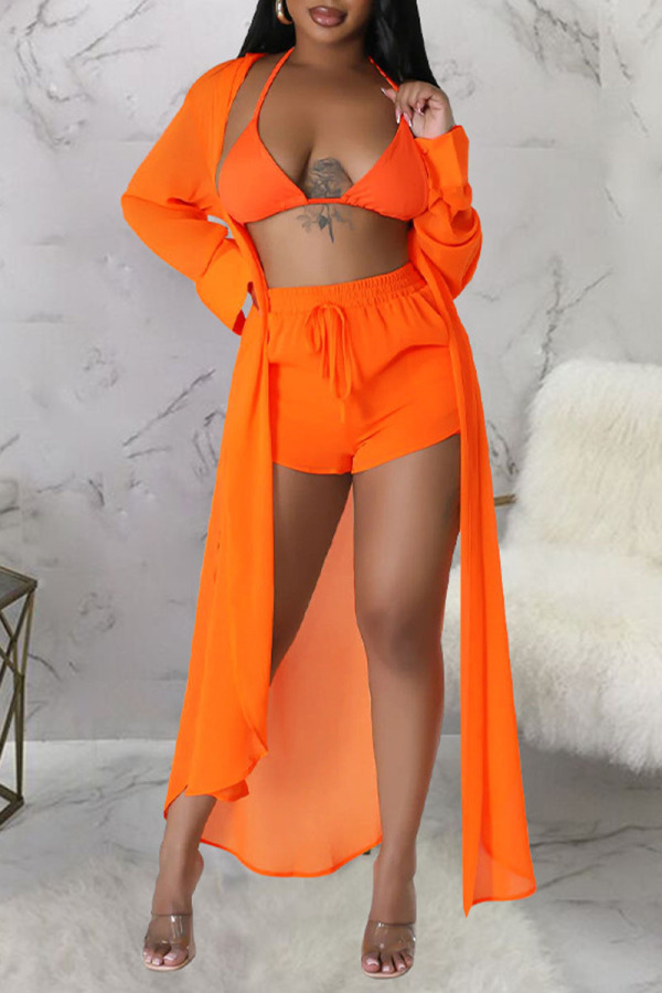 Tangerine Red Long Sleeve Shirt Cover Ups Cami Bra Top with Shorts Vacation Beach Three Pieces Set
