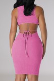 Pink Casual Solid Hollowed Out Turtleneck Sleeveless Dress Dresses