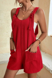 Red Casual Simplicity Solid Pocket U Neck Loose Rompers