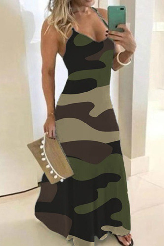 Green Casual Work Street Elegant Print Spaghetti Strap A Line Dresses