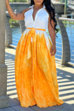 Yellow Vacation Two Piece Dress Sleeveless V Neck Tie Up Plus Size Casual Loose Vacation Straight Wide Leg Jumpsuit