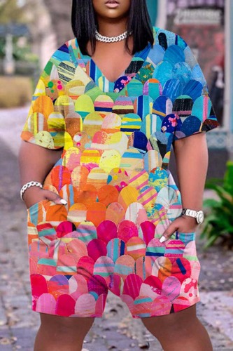 Pink Casual Print Patchwork V Neck Regular Romper