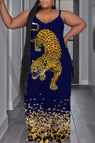 Dark Blue Yellow Sexy Print Backless Spaghetti Strap Long Dress Plus Size Dresses