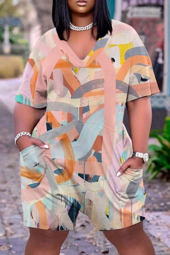 Light Pink Casual Print Patchwork V Neck Regular Romper