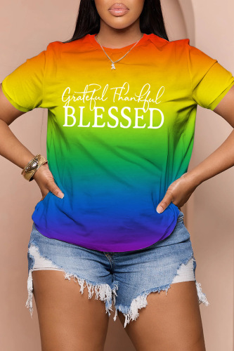 Orange Yellow Women Rainbow Multicolor Gredient Letter Print Round Neck T-shirts Tees Tops