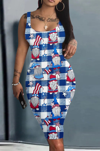 Blue Casual Print Basic U Neck Vest Dress Dresses