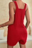Red Casual Simplicity Solid Pocket U Neck Loose Rompers