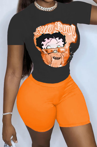 Orange Black Casual Street Print Patchwork O Neck Short Sleeve Two Pieces