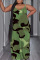 Army Green Sexy Print Backless Spaghetti Strap Long Dress Plus Size Dresses