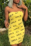 Yellow Sexy Casual Letter Print Backless Strapless Sleeveless Dress Dresses