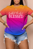 Light Blue Women Rainbow Multicolor Gredient Letter Print Round Neck T-shirts Tees Tops