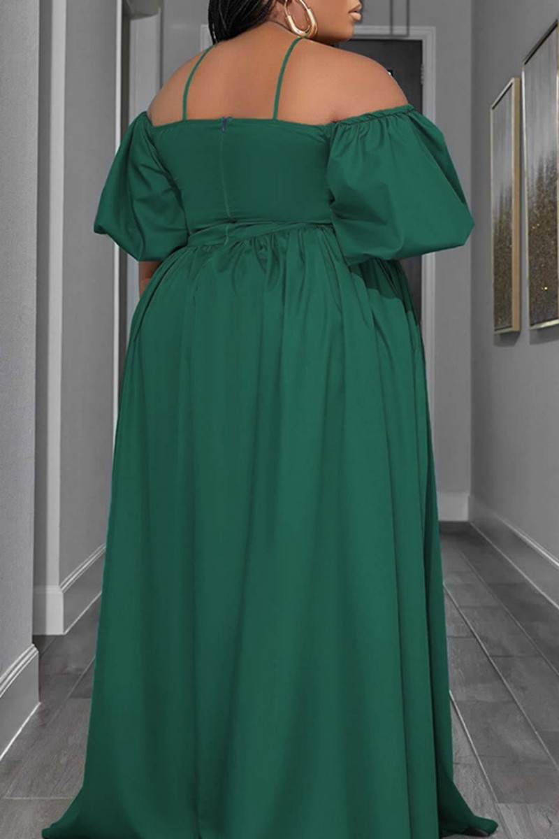 One Shoulder Sleeveless Lace Dress With Sash Dark Green Plus Size