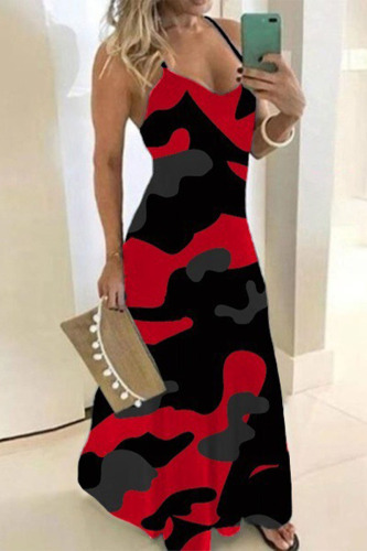 Red Casual Work Street Elegant Print Spaghetti Strap A Line Dresses