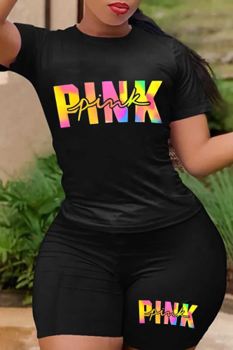 Black Casual Print Patchwork O Neck Short Sleeve Two Pieces