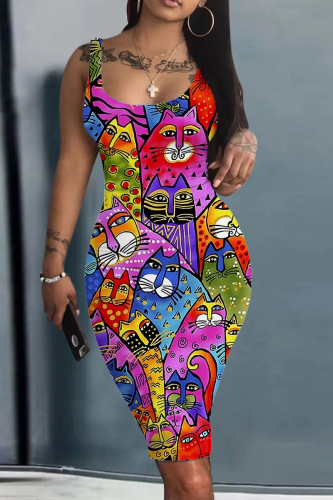 Multicolor Casual Print Basic U Neck Vest Dress Dresses