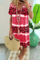 Pink Sexy Casual Striped Leopard Patchwork V Neck Short Sleeve Dress Dresses