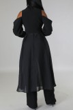 Blue Casual Solid Hollowed Out Patchwork Turndown Collar Long Sleeve Dresses