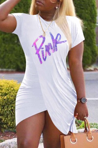 White Casual Print Letter O Neck One Step Skirt Dresses