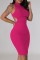 Rose Red Casual Solid Hollowed Out Turtleneck Sleeveless Dress Dresses
