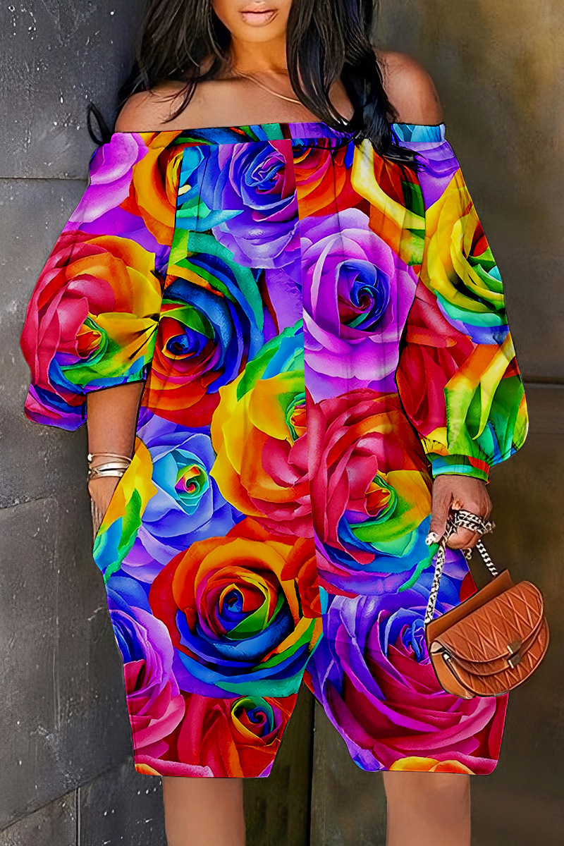 Casual Print Tassel Off the Shoulder Straight Rompers
