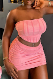 Pink Casual Sweet Daily Draw String Solid Color Strapless Sleeveless Two Pieces
