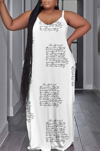 White Sexy Print Backless Spaghetti Strap Long Dress Plus Size Dresses