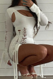 White Sexy Party Solid Hollowed Out Strap Design O Neck One Step Skirt Dresses