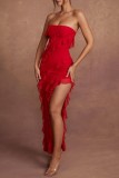 Red Sexy Solid Backless Asymmetrical Strapless Long Dress Dresses