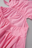 Pink Sweet Solid Bandage Patchwork Backless Fold V Neck A Line Dresses