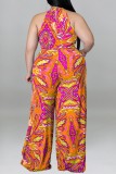 Yellow Tropical Print Sleeveless Mock Neck Tie Up Slim Fit Plus Size Casual Vacation Wide Leg Jumpsuit