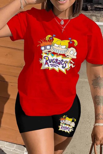 Red Casual Character Print Letter O Neck Short Sleeve Two Pieces