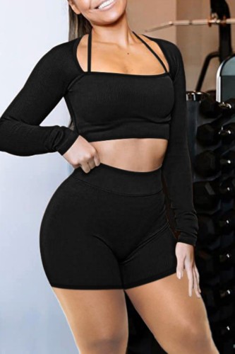 Black Casual Sportswear Solid Patchwork Square Collar Long Sleeve Two Pieces