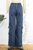 Deep Blue Street Solid Ripped Make Old Patchwork High Waist Denim Jeans