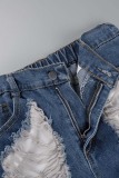 Light Blue Street Solid Ripped Make Old Patchwork High Waist Denim Jeans