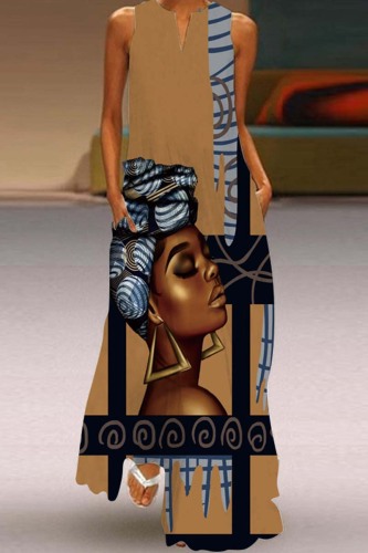 Dark Khaki Casual Print Basic V Neck Long Dress Dresses