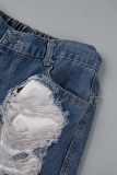Deep Blue Street Solid Ripped Make Old Patchwork High Waist Denim Jeans