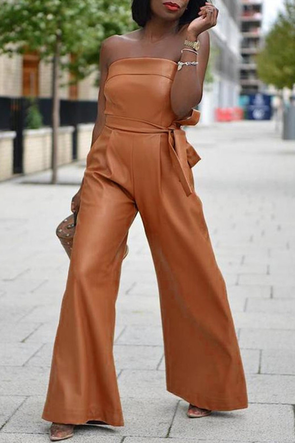 Brown Sexy Casual Street Solid Patchwork Zipper Strapless Regular Jumpsuits(With Belt)