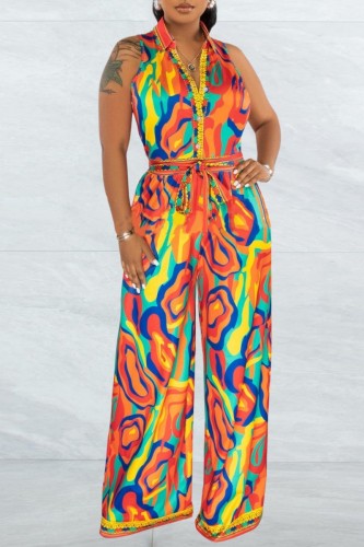 Orange Casual Print Patchwork Turndown Collar Regular Jumpsuits