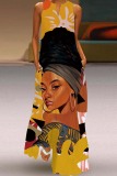 Dark Orange Casual Print Basic V Neck Long Dress Dresses