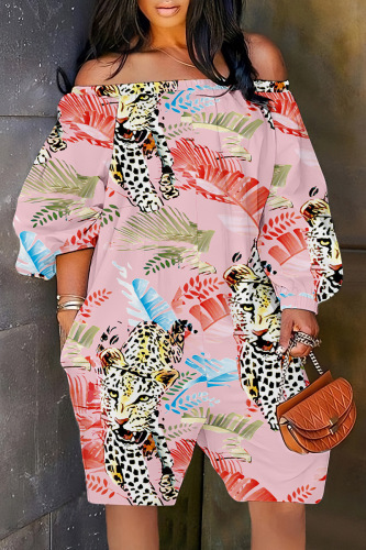 Pink Casual Print Basic Off the Shoulder Regular Romper
