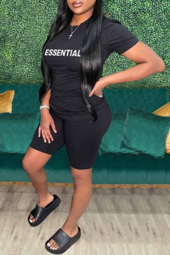 Black Street Print Letter O Neck Short Sleeve Two Pieces