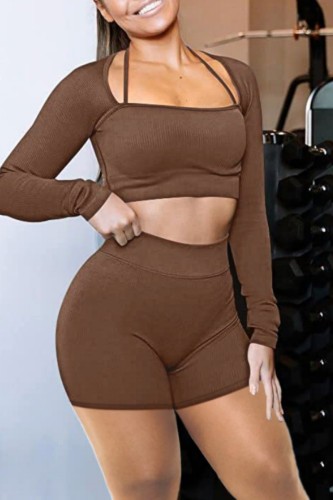 Coffee Casual Sportswear Solid Patchwork Square Collar Long Sleeve Two Pieces