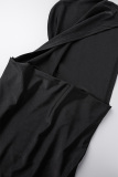 Black Sexy Solid Patchwork Hooded Collar Sleeveless Two Pieces