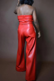 Red Sexy Casual Street Solid Patchwork Zipper Strapless Regular Jumpsuits(With Belt)