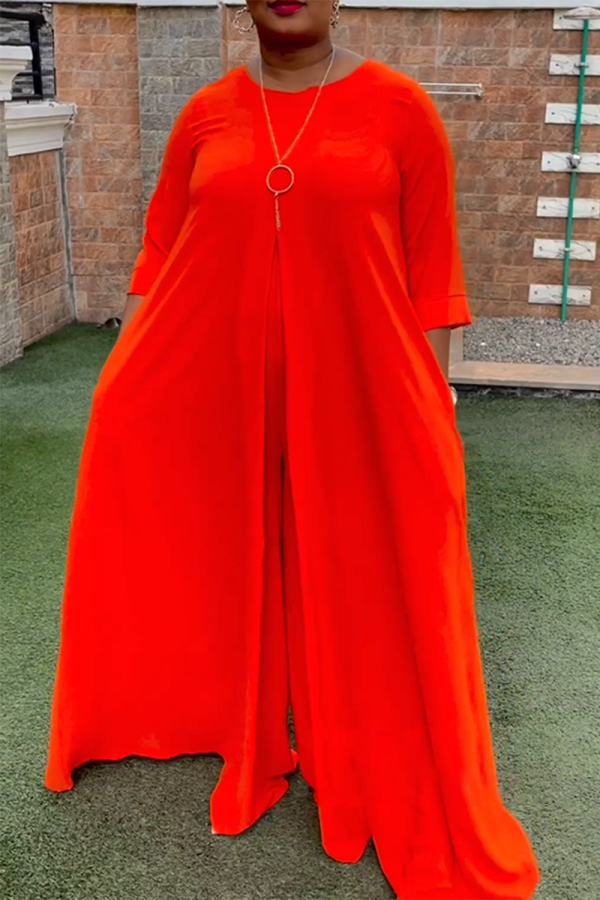 Red Casual Daily Plain Slit O Neck Loose Jumpsuits