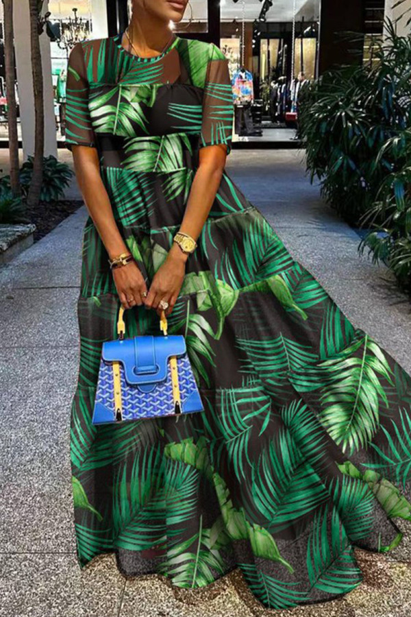 Green Geometric Print Short Sleeve Loose Straight A Line Daily Vacation Maxi Dress